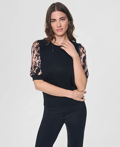 Dkny Women's Printed Twist-Sleeve Mix Media Sweater