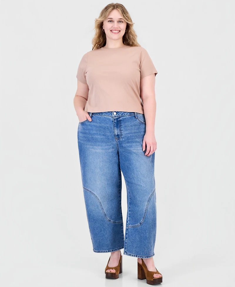 And Now This Plus Curved Seamed Barrel High-Waisted Wide-Leg Denim Jeans, Macy's Exclusive
