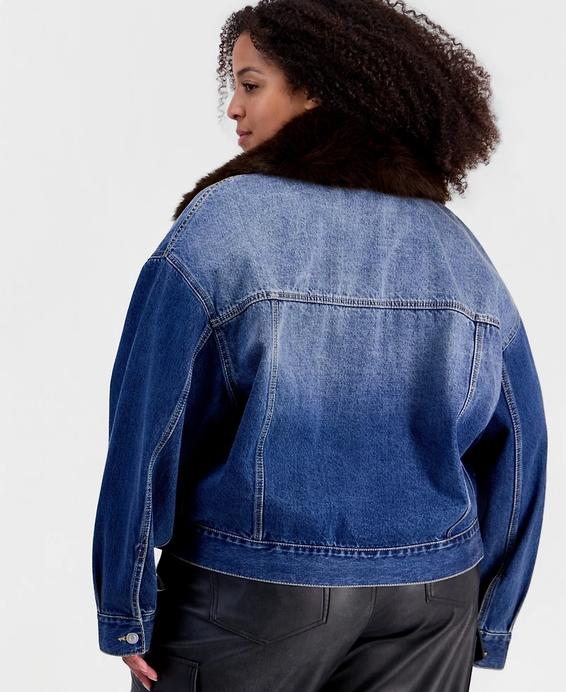 And Now This Plus Removable Faux-Fur Collar Denim Cropped Jacket, Macy's Exclusive