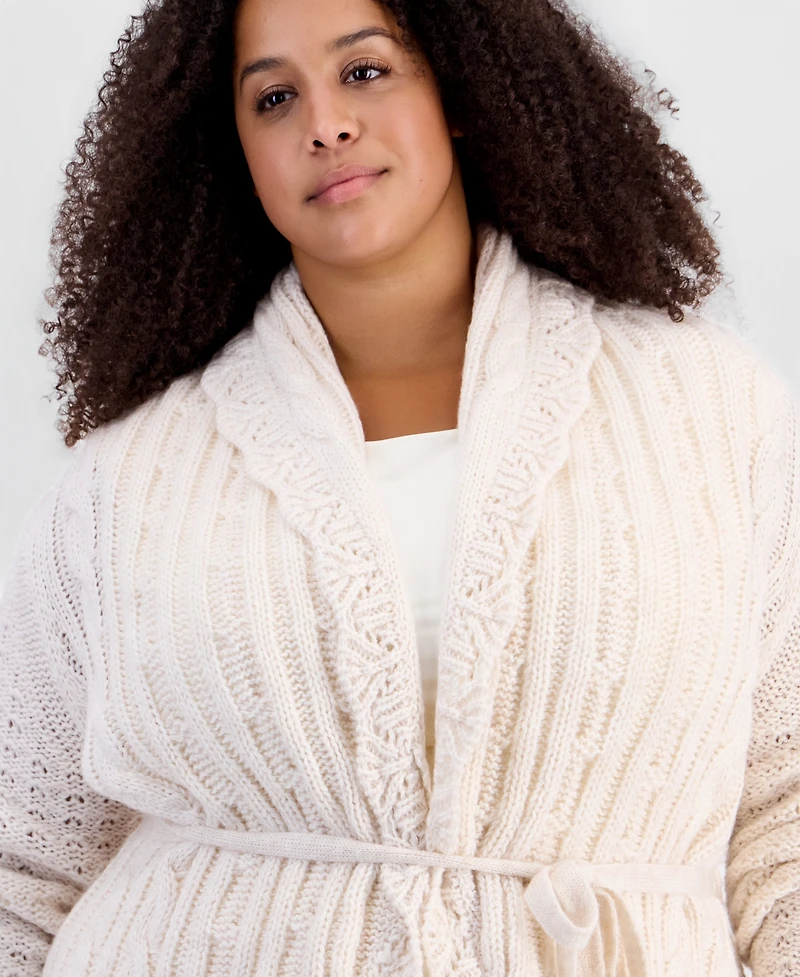 And Now This Plus Tie Pointelle Shawl Collar Drop-Shoulder Cardigan, Macy's Exclusive