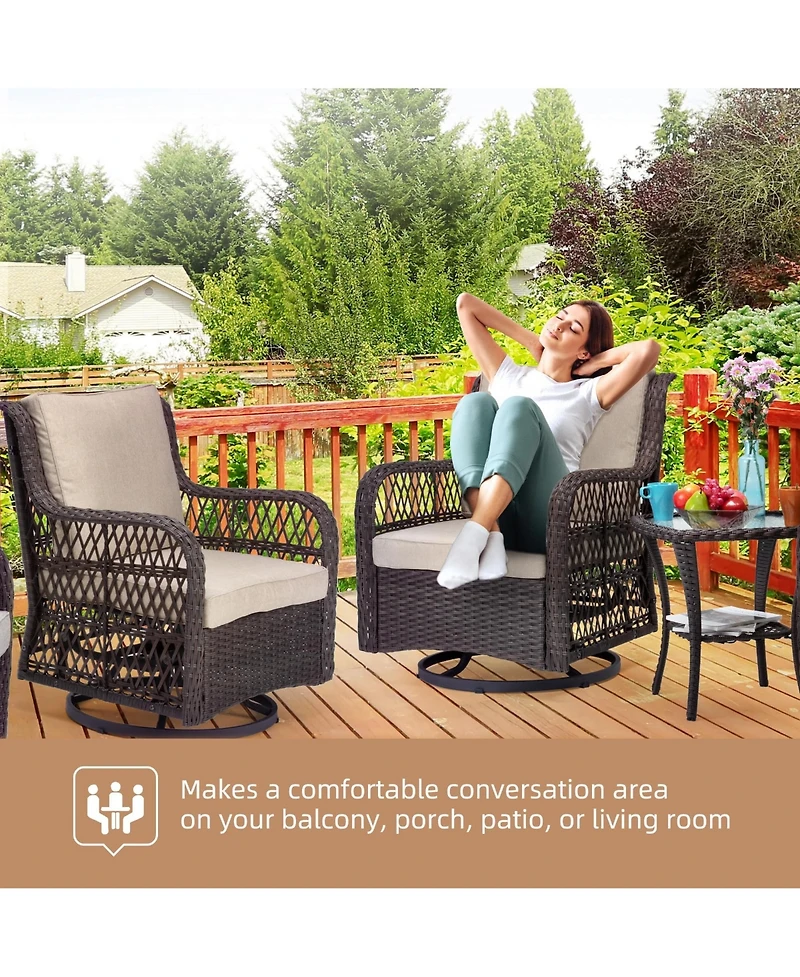 homfan Wicker Swivel and Glide Patio Chair Set with Cushions and Tempered Glass Side Table Durable Outdoor Seating for Porch or Backyard