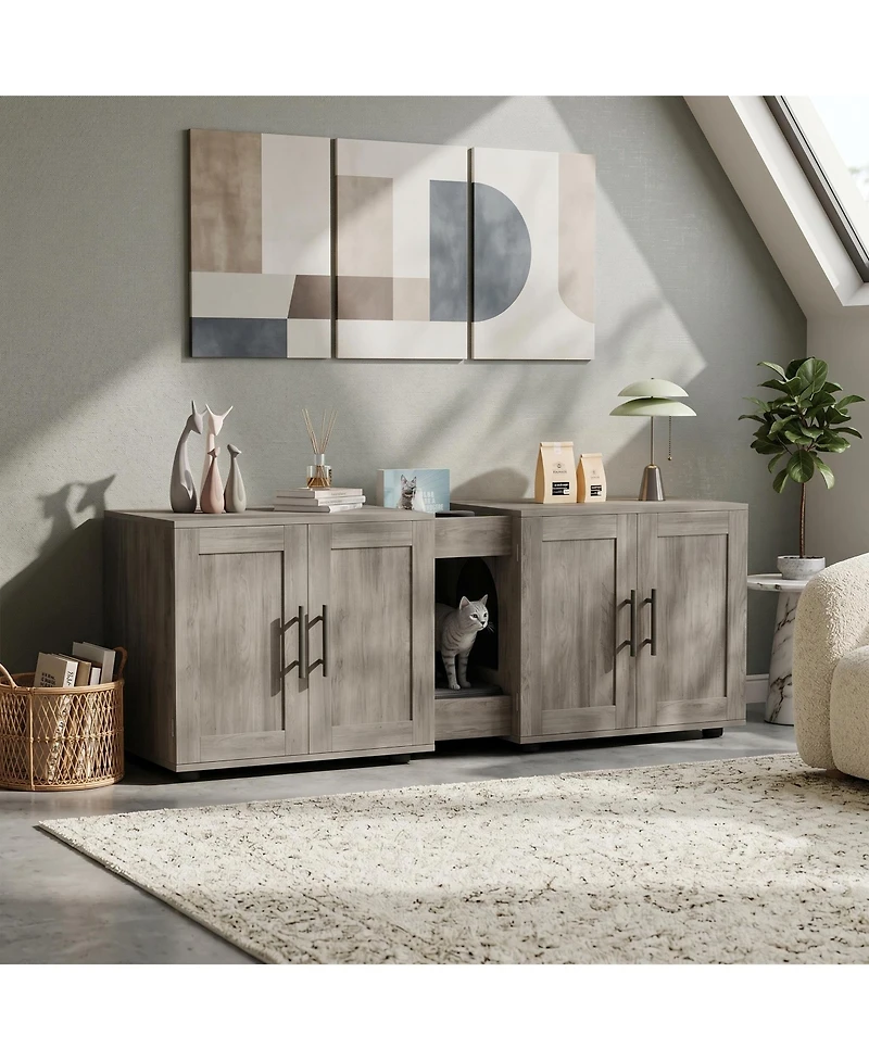 homfan double cat litter box enclosure with dual compartments, engineered wood hidden cabinet, indoor cat house furniture for 2 cats.