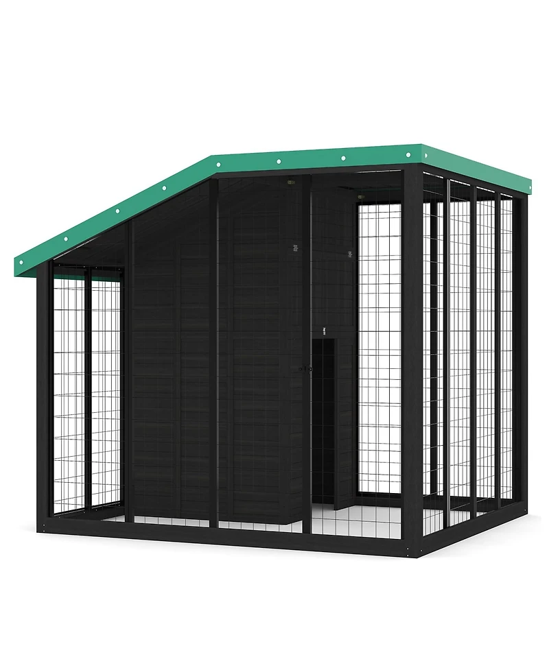 Weatherproof Cedar Wood Dog Kennel with Galvanized Steel Roof Lockable Gate Feeding Back Doors Water Food Trays Pet Enclosure for Large Breeds
