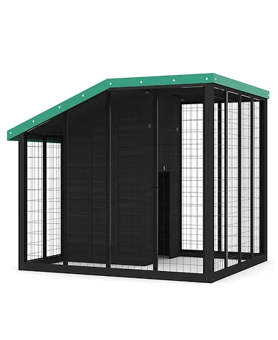 Weatherproof Cedar Wood Dog Kennel with Galvanized Steel Roof Lockable Gate Feeding Back Doors Water Food Trays Pet Enclosure for Large Breeds