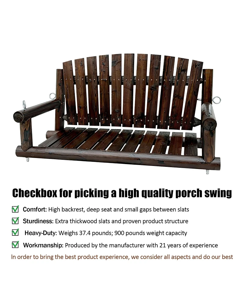 Maga Casa Innovaze 1-Seater Premium Rustic Solid Fir Wood Outdoor Porch Swing, Luxury Hanging Log Bench with 900 lbs Capacity