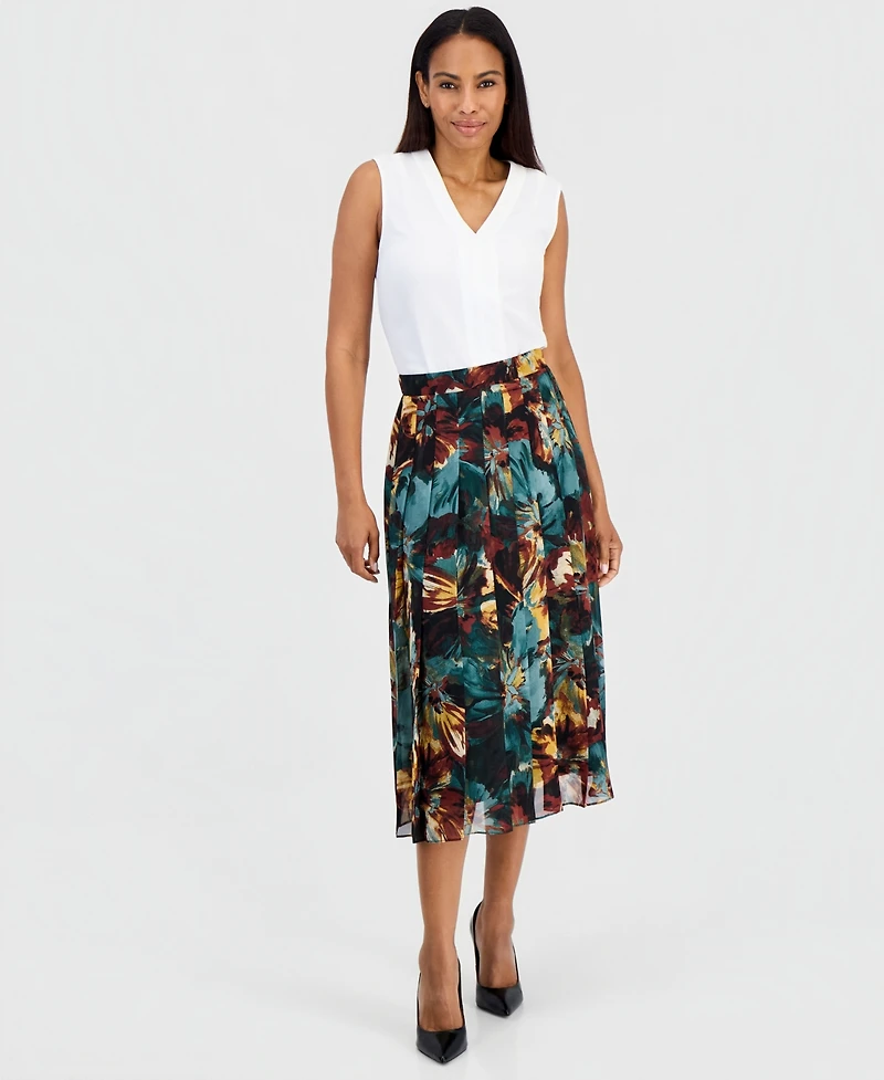 Kasper Petite Pull-On Pleated Midi Skirt