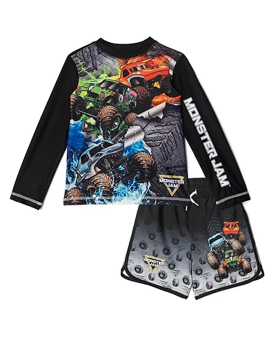 Monster Jam Boys 2-Piece Swimwear Rash Guard and Swim Trunks Set