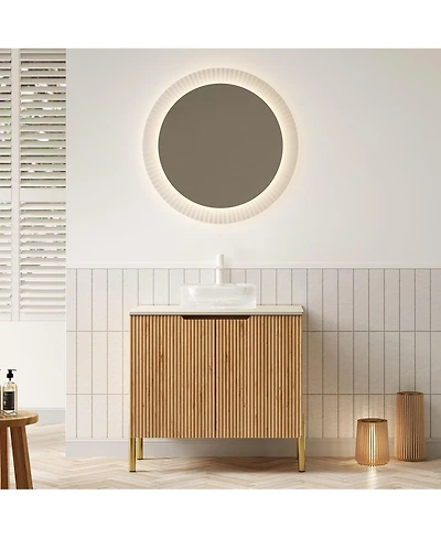Sillysis 30 Inch Bathroom Vanity with Glass Vessel Sink, Sintered Stone Top, Modern Wood Grain Cabinet, Soft Close Storage