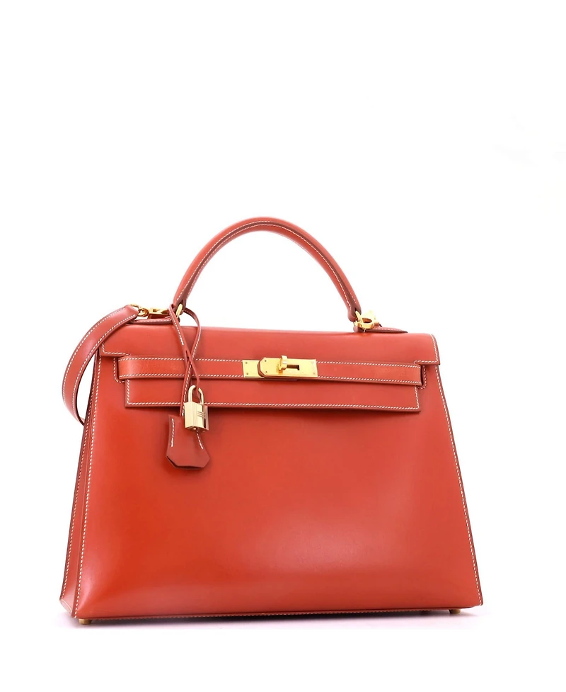 Pre-Owned HERMES Kelly 32 Handbag Orange Box Calf with Gold Hardware