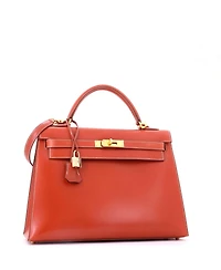 Pre-Owned HERMES Kelly 32 Handbag Orange Box Calf with Gold Hardware