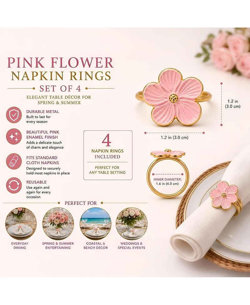 Dainty Home Pink Enamel Flower Napkin Rings Set of 4, Metal Floral Table Decor