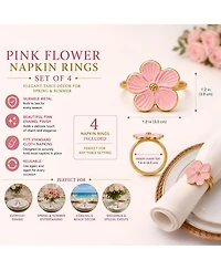 Dainty Home Pink Enamel Flower Napkin Rings Set of 4, Metal Floral Table Decor