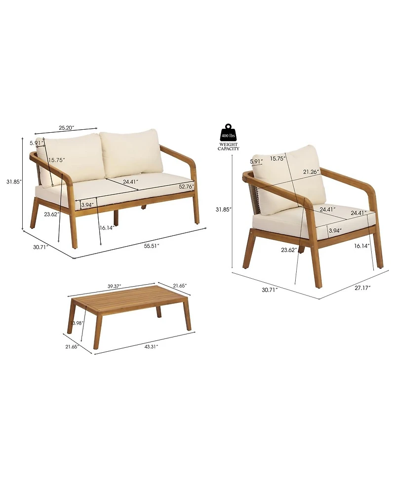 Asagikoiai 4-Piece Outdoor Acacia Wood Conversation Set, Pe Wicker Loveseat and Club Chairs
