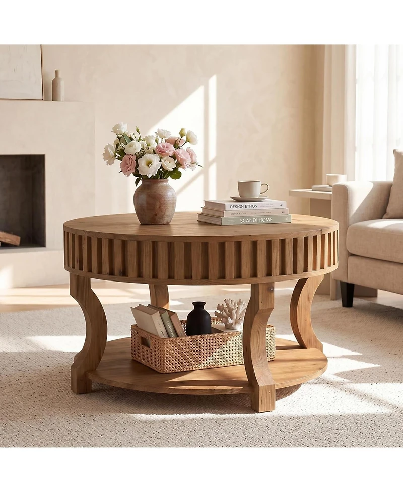 Tribesigns 31.5-In Round Coffee Table, Farmhouse 2-Tier Center Table with Storage, Fluted Solid Wood Cocktail Table for Living Room