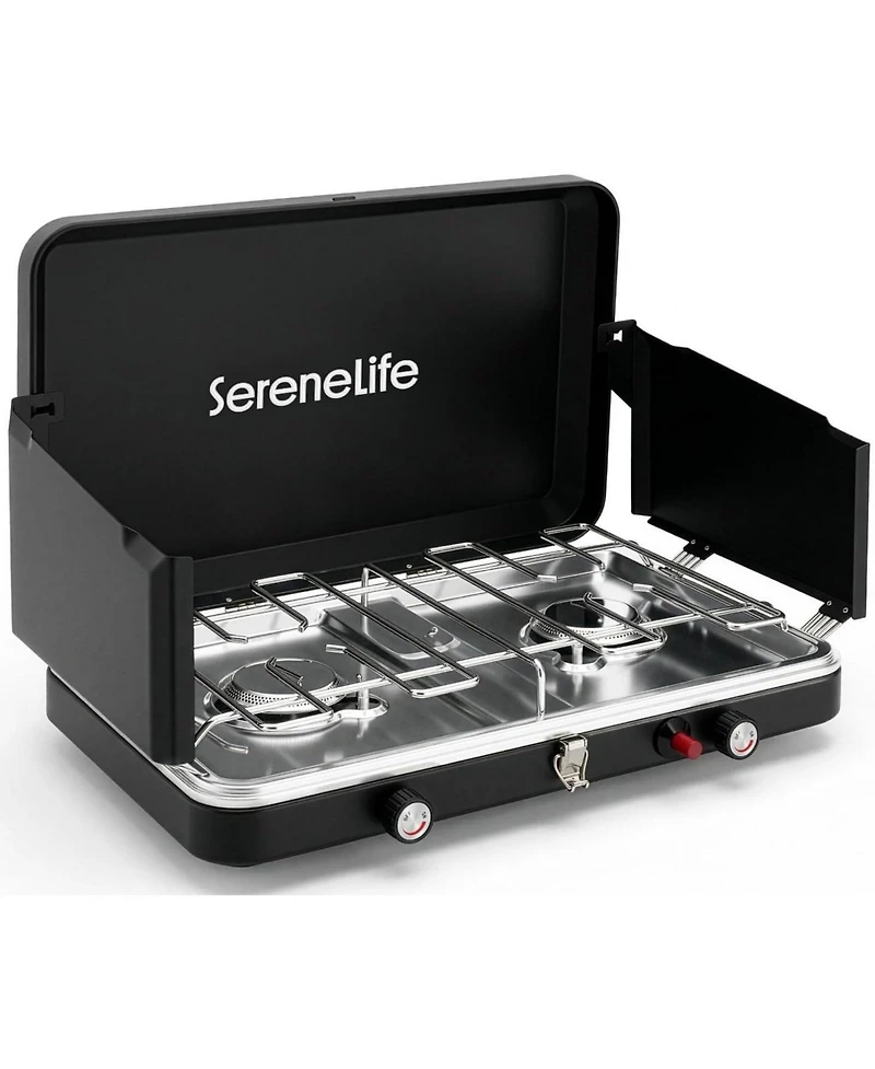 SereneLife 2 Burner Propane Camping Stove - 24,400 Btu Portable Camp Stove with Wind Guards and Push Button Ignition