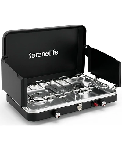 SereneLife 2 Burner Propane Camping Stove - 24,400 Btu Portable Camp Stove with Wind Guards and Push Button Ignition
