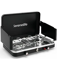 SereneLife 2 Burner Propane Camping Stove - 24,400 Btu Portable Camp Stove with Wind Guards and Push Button Ignition