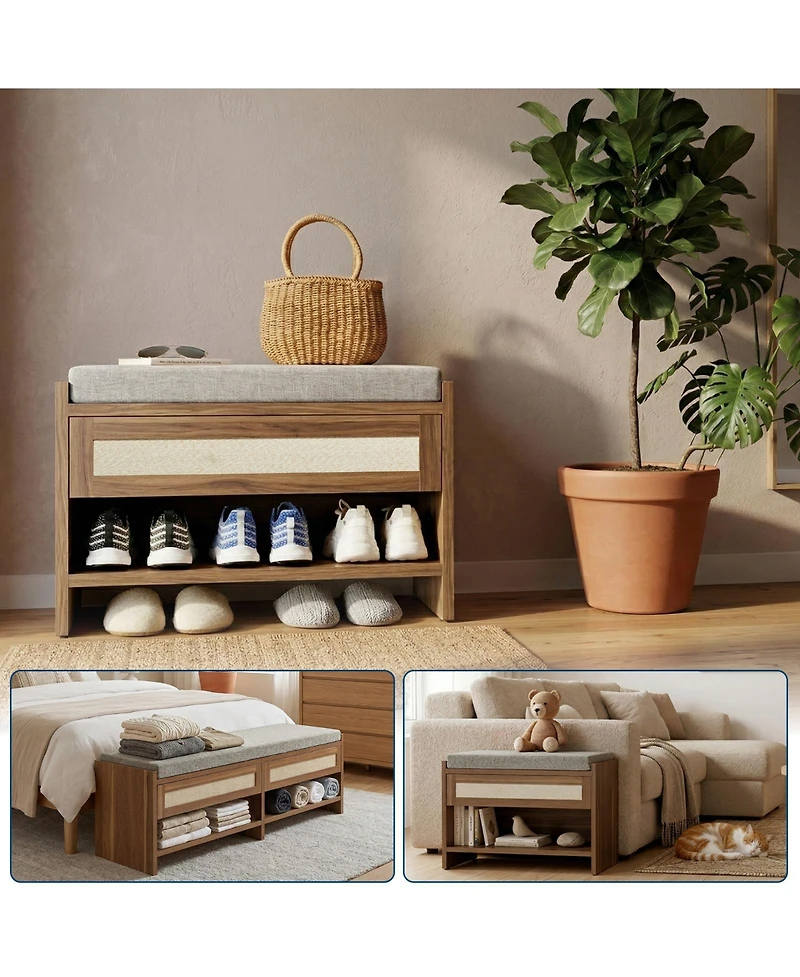 gaomon Farmhouse Rattan Entryway Shoe Bench with Storage Drawer for Hallway, Bedroom and Mudroom