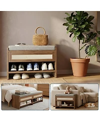 gaomon Farmhouse Rattan Entryway Shoe Bench with Storage Drawer for Hallway, Bedroom and Mudroom