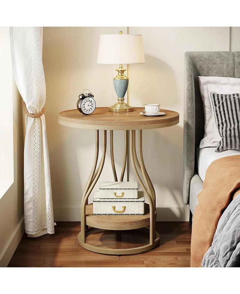 Tribesigns Round Side End Table: 2-tier modern bedside table with metal frame, Small nightstand with storage for couch side, living room