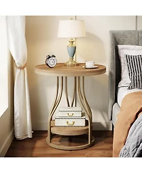 Tribesigns Round Side End Table: 2-tier modern bedside table with metal frame, Small nightstand with storage for couch side, living room
