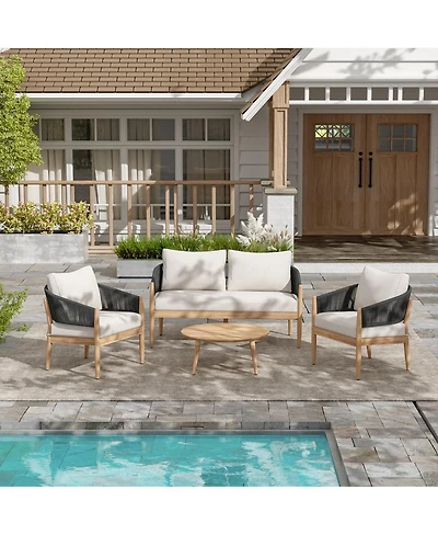 Asagikoiai 4-Piece Boho Acacia Wood Outdoor Patio Furniture Set with Rope Chairs, Loveseat and Table
