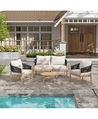 Asagikoiai 4-Piece Boho Acacia Wood Outdoor Patio Furniture Set with Rope Chairs, Loveseat and Table