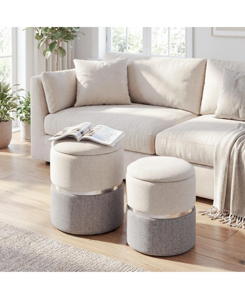 sumyeg Velvet and Linen Fabric Storage Ottoman Set of 2 for Living Room or Bedroom