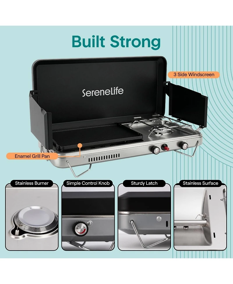 SereneLife 2-in-1 Camping Stove and Griddle Combo - Portable Propane Camp Stove with 10,000 Btu Burner and 5,000 Btu Griddle