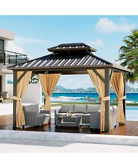 gaomon Gazebo Hardtop Gazebo with Double Roof, Aluminum Pergola with Aluminum Frame, Netting and Curtains, Outdoor Gazebos Canopy for Patio