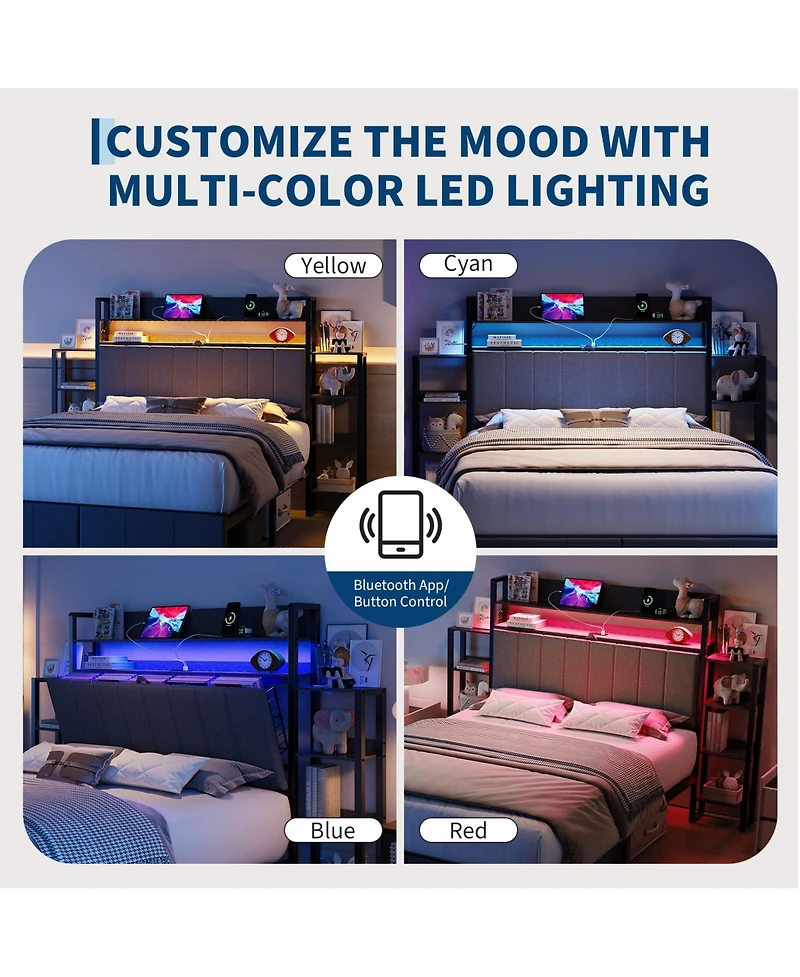 gaomon Full Size Upholstered Bed Frame with Hidden Headboard Storage, Led Lights, Charging Station