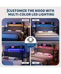 gaomon Full Size Upholstered Bed Frame with Hidden Headboard Storage, Led Lights, Charging Station