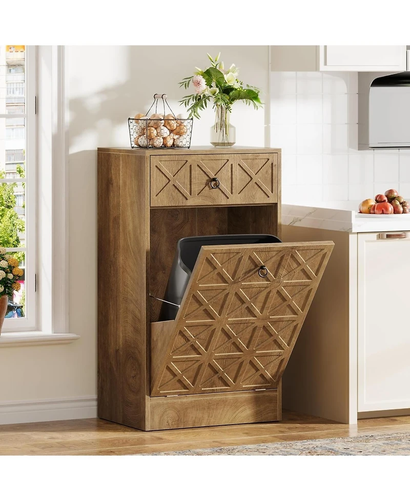 Tribesigns 13 Gallons Tilt Out Trash Can, Hidden Garbage Can Cabinet with Drawer, Wooden Fluted Trash Bin Cabinets for Kitchen Living Room