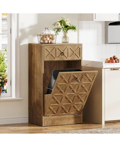 Tribesigns 13 Gallons Tilt Out Trash Can, Hidden Garbage Can Cabinet with Drawer, Wooden Fluted Trash Bin Cabinets for Kitchen Living Room
