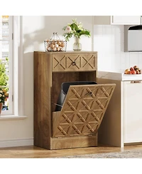 Tribesigns 13 Gallons Tilt Out Trash Can, Hidden Garbage Can Cabinet with Drawer, Wooden Fluted Trash Bin Cabinets for Kitchen Living Room