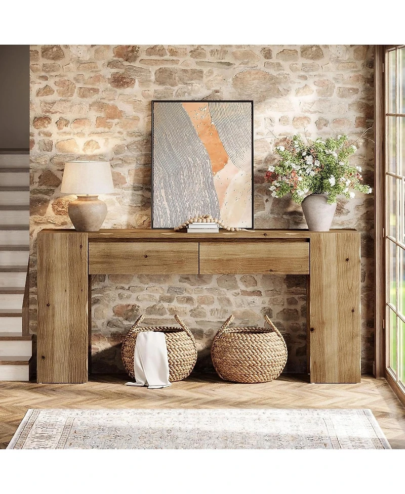 Tribesigns 63-Inch Wood Console Table with 2 Drawers, Narrow Entryway Table for Hallway and Behind Sofa, Rustic Farmhouse Slim Sturdy Accent Furniture