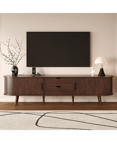Rainsken 70 Inch Mid Century Modern Tv Stand, for 80 Inch Tv, with Power Outlet and Sliding Door, for Living Room, Bedroom