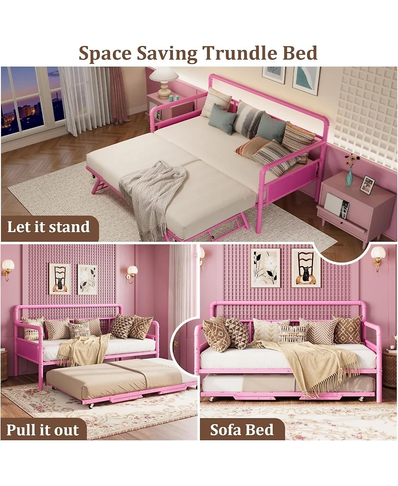 gaomon Twin Daybed with Foldable Metal Trundle, Heavy Duty Steel Slats Support, Sofa Bed Frame for Living Room or Guest Room, Noise Free