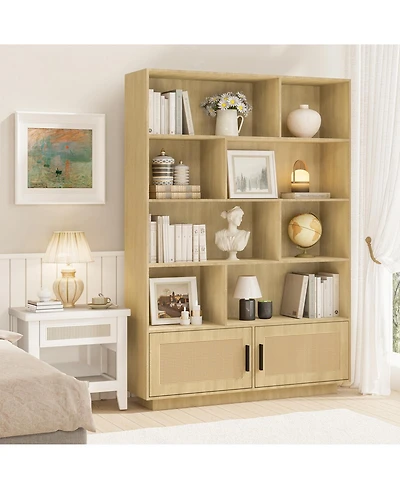 homfan 5-Tier Boho Bookcase with Rattan Doors – Tall Wooden Bookshelf with Open Shelves for Living Room or Bedroom