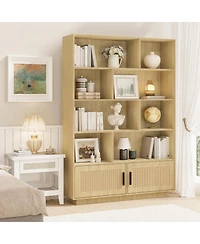 homfan 5-Tier Boho Bookcase with Rattan Doors – Tall Wooden Bookshelf with Open Shelves for Living Room or Bedroom