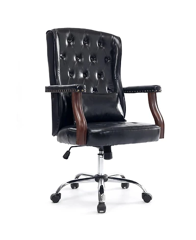 homfan Vintage Wingback Swivel Executive Chair with Thick Cushion, Adjustable Recline, and Wood Base