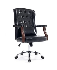 homfan Vintage Wingback Swivel Executive Chair with Thick Cushion, Adjustable Recline, and Wood Base