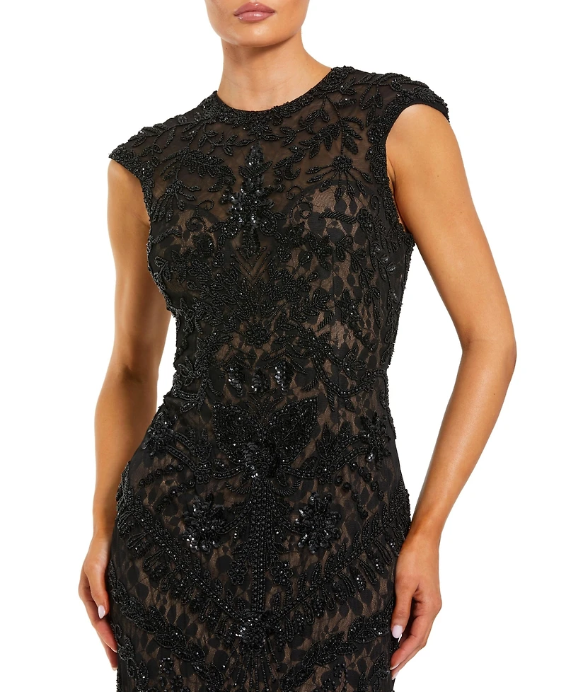 Mac Duggal Petite Beaded Lace Mesh High-Neck Sleeveless Column Gown