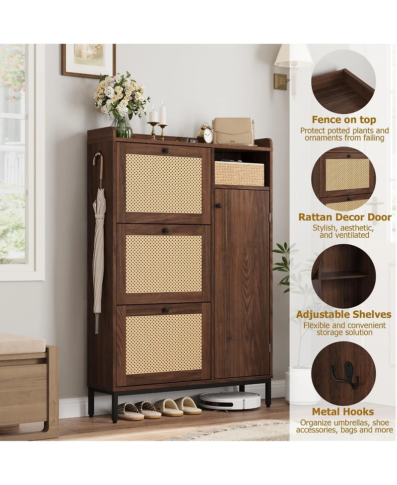 gaomon Space-Saving Rattan Shoe Cabinet 3 Turn-style Drawers and 4 Open Side Shelves, Adjustable Shelves, Slim Freestanding Entryway Shoe Organizer