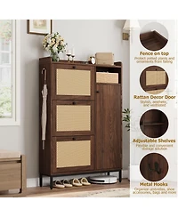 gaomon Space-Saving Rattan Shoe Cabinet 3 Turn-style Drawers and 4 Open Side Shelves, Adjustable Shelves, Slim Freestanding Entryway Shoe Organizer