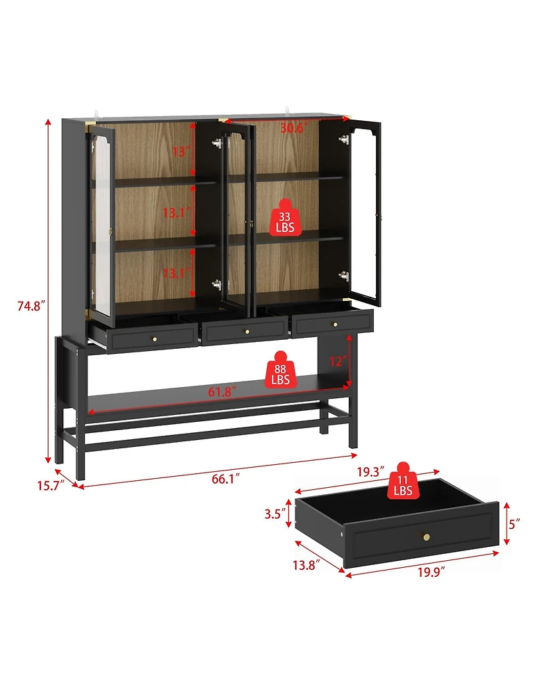 Homsee 66Inch Glass Door Cabinet with 3 Drawers - Industrial Wood and Metal Storage Cabinet