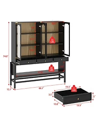 Homsee 66Inch Glass Door Cabinet with 3 Drawers - Industrial Wood and Metal Storage Cabinet