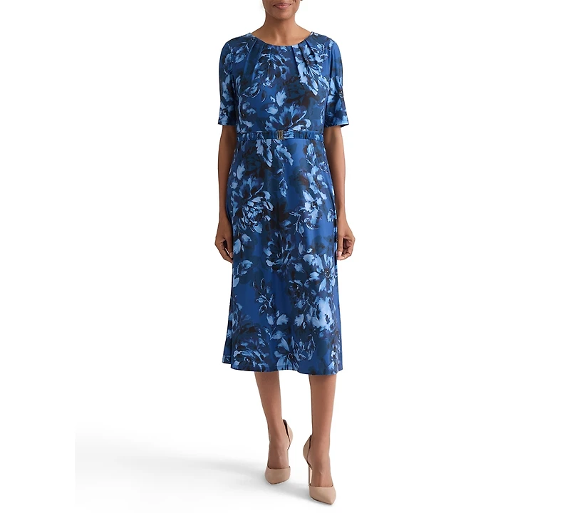 Kasper Women's Pleat-Neck Belted Short-Sleeve Dress