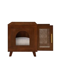 6thdruple Hidden Cat Cabinet, Modern Rubber Wood and Rattan Furniture with Cushion for Living Room