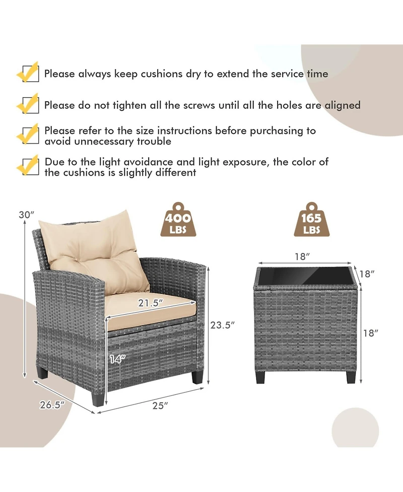 Slickblue 3 Pieces Outdoor Wicker Conversation Set with Tempered Glass Tabletop